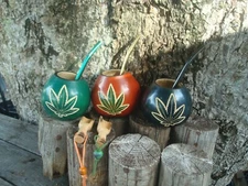 Personalized Mate Gourd, Hand Carved, Cannabis Leaf, Straw, Spoon for Yerba