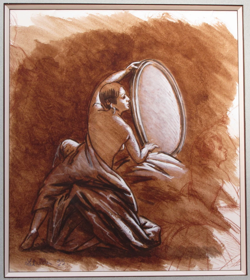 PIERRE LETELLIER ENCRE ET GOUACHE FEMME AU MIROIR 1995 - Photo 1/1