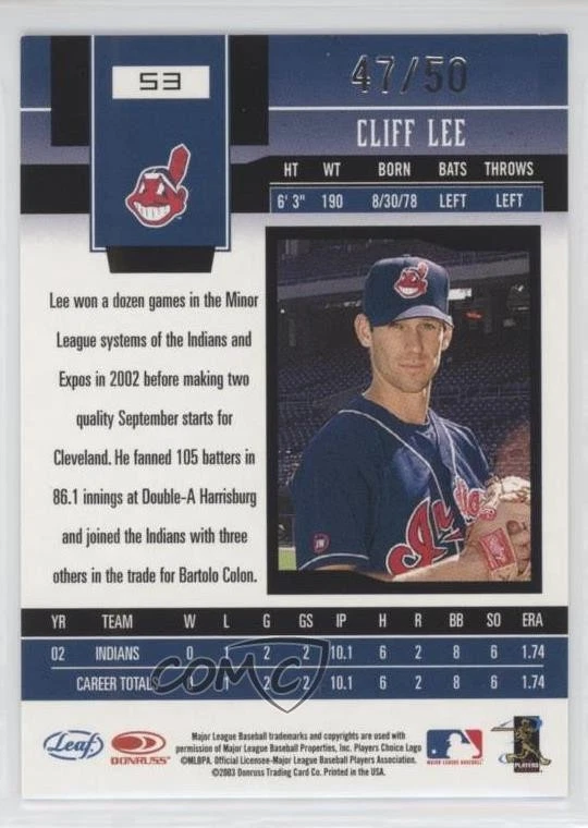 2003 Leaf Certified Materials Mirror Blue /50 Cliff Lee #53 - Image 2 of 2