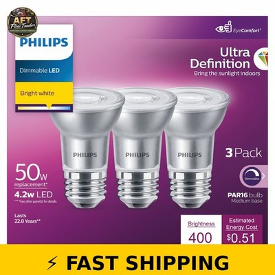 Philips 50W PAR16 Dimmable LED Spotlight Bulb, 3-Pack