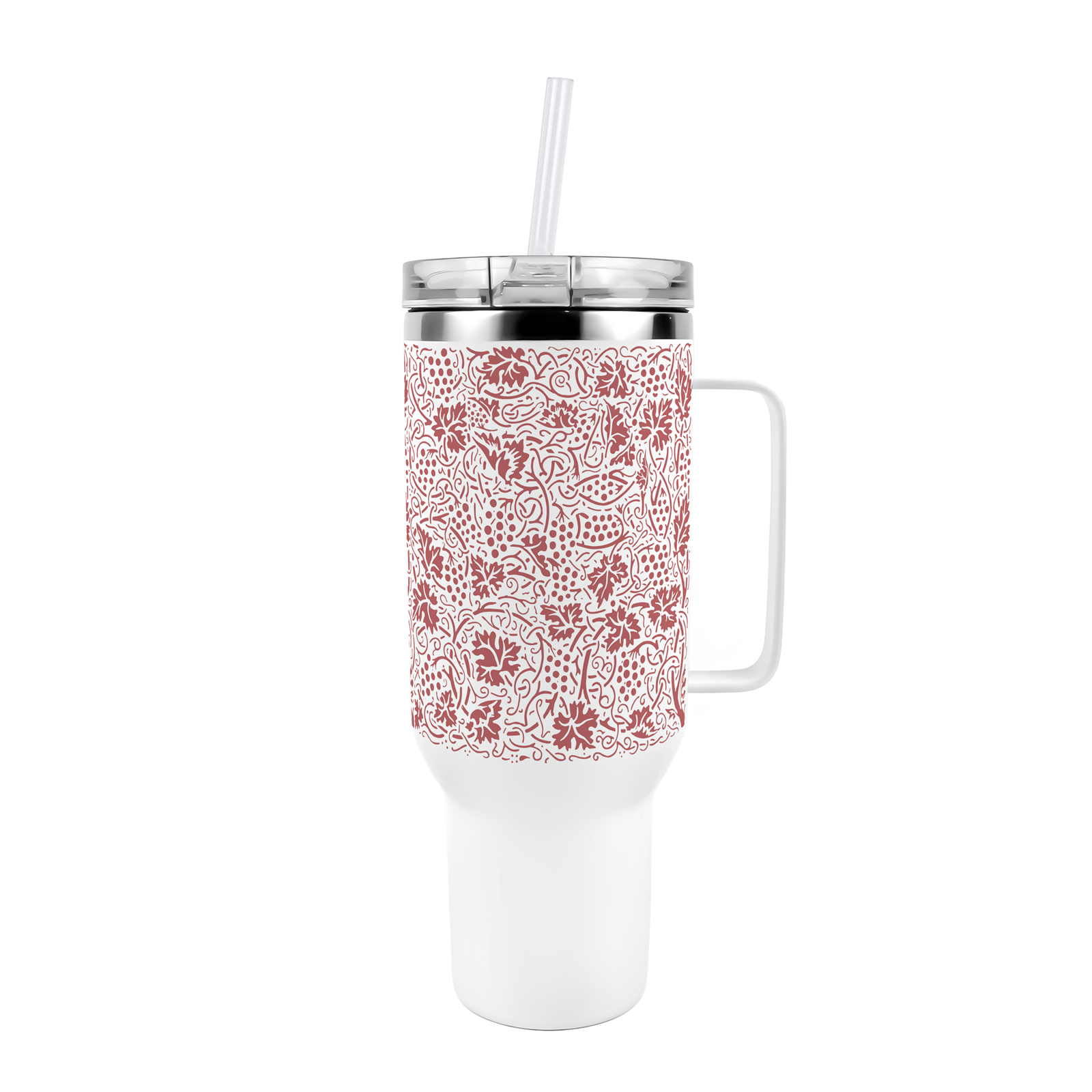 40oz Red Stainless Steel XL Travel Cup with Straw & Lid - Oak Leaves & Berries