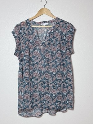 DR2 Daniel Rainn Paisley Blouse Navy Pink Cap Sleeve V Neck Button Placket L