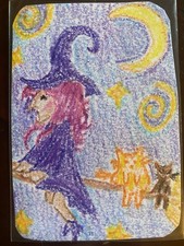 Carte Art ACEO Crayon Sorcière et Chat Orange/Noir Balai Lune Magie Fantaisie Goth