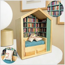Doll House Mini Bookshelf, Wooden Bookshelf with 200 Small Books, Stress Relief