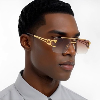 Men Sunglasses Fashion Designer Brown Lens Gold Frame Street Wear Classic Lentes