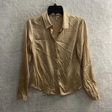 Guess Womans Button Top Solid Metallic Gold XS Polyester Long Sleeve V Collar