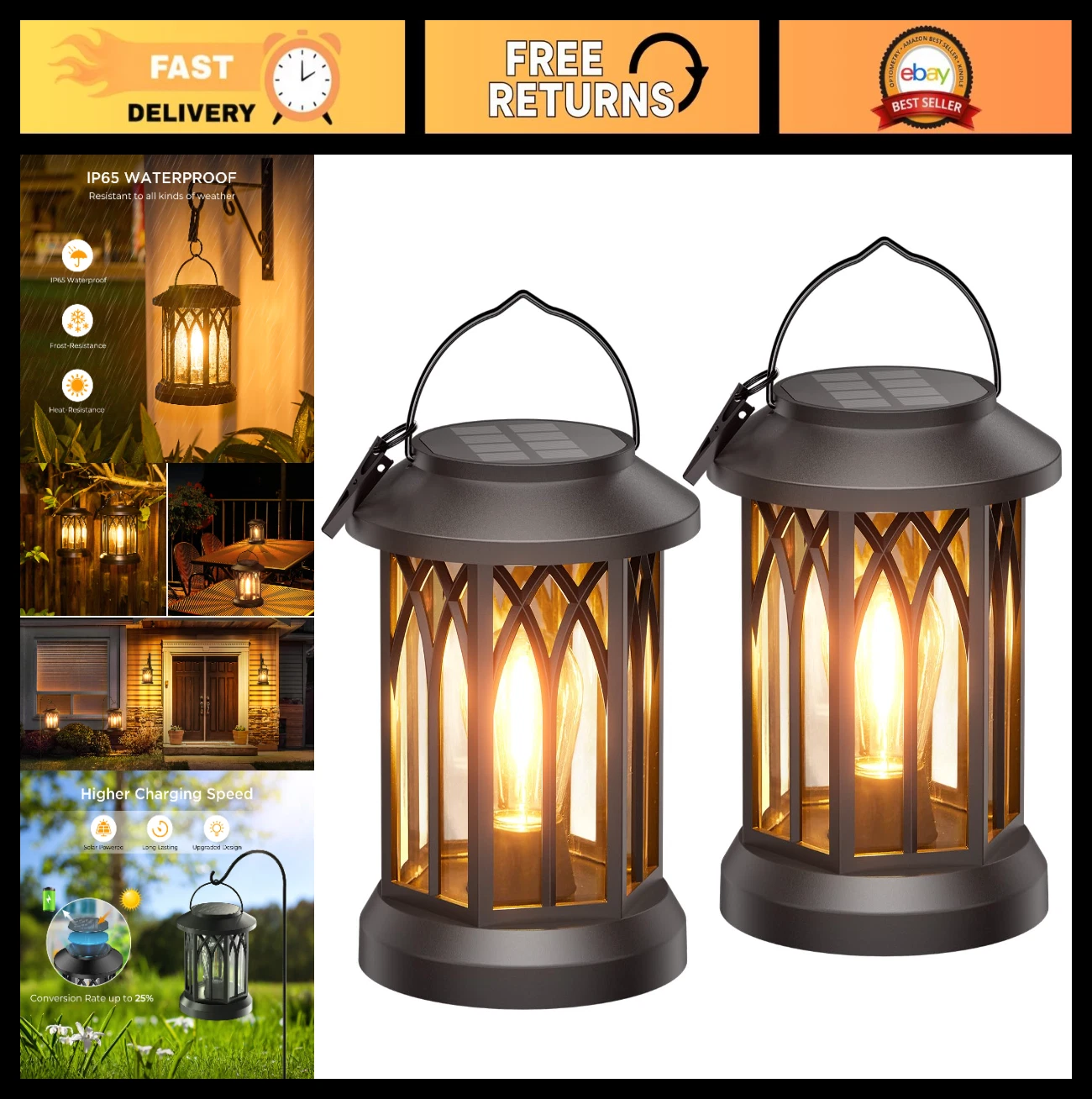 2 Pack Solar Lanterns Outdoor Waterproof LED Lights for Garden Patio Yard Decor