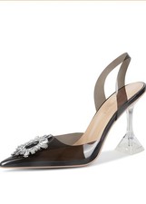 Marizot Rhinestone Slingback Pointed Toe Flared Heel Women's Black Clear Shoes