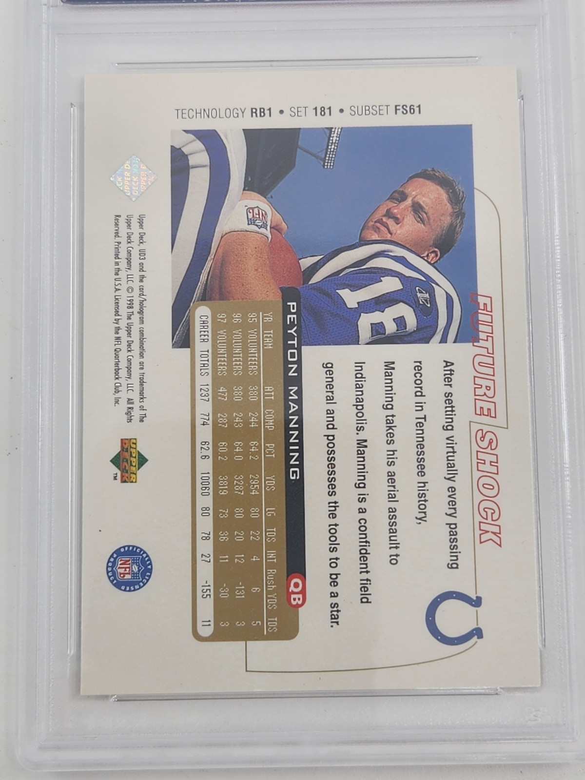 1998 Upper Deck UD3 PEYTON MANNING PSA 8 NM-MT Rookie Card #181 HOF Colts RC view 5