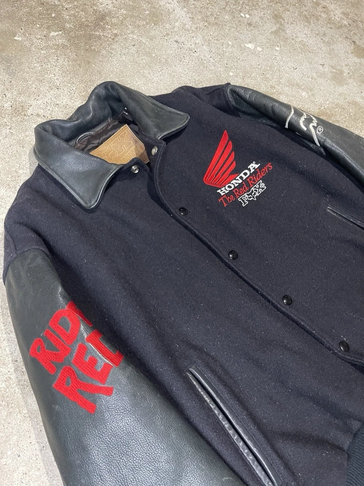Jaqueta vintage Fox Honda The Red Riders couro lã Varsity Letterman M EUA - Imagem 2 de 4