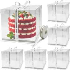 6 Pack Clear Cake Box with Ribbon, 8 X 8 X 9 Inch Transparent Cake Carrier Trans