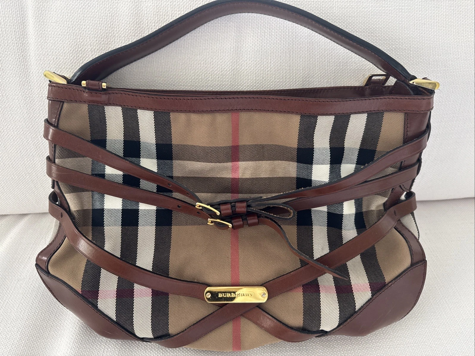 Burberry — Burberry Brown House Check Canvas and Leather Small Bridle Dutton Hobo