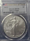 2023 $1 American Silver Eagle PCGS MS70 FDOI Flag Label. APMEX PKG