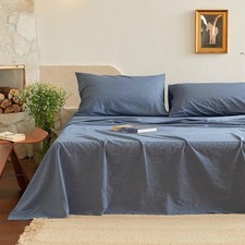 Cotton Flat Sheet Only King Size Navy Blue 100 Stone Washed Linen Like Cooling
