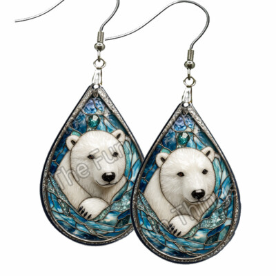 Unique Faux Stained Glass Polar Bear Earrings Teardrop NO TARNISHING Dangle