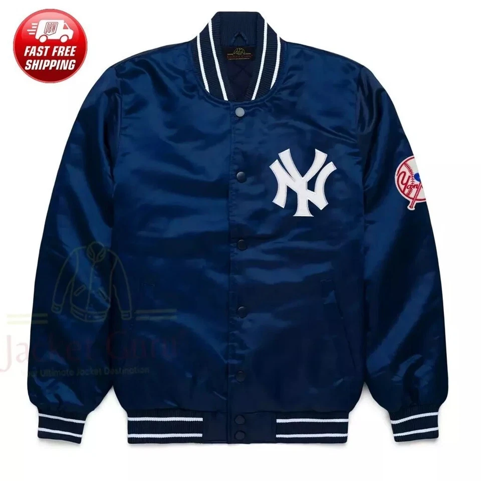 Винтажная синяя атласная куртка-бомбер MLB NY Yankees 90-е - спортивная бейсбольная университетская - Изображение 2 из 4