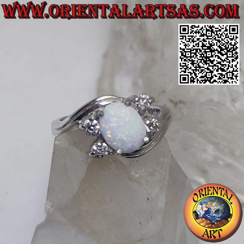 Anello in argento 925 ‰ con opale arlecchino ovale incastonato e zirconi assimet - Immagine 4 di 4