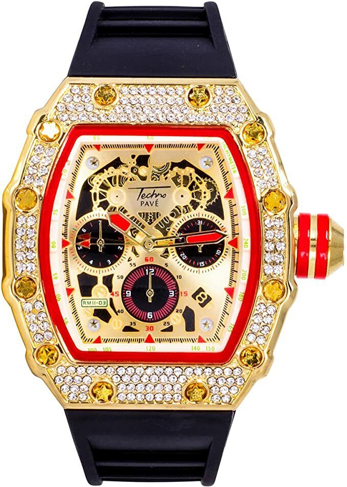 Men Iced Watch Bling Rapper Simulate Lab Diamond Luxury Rectangle Gold Red Black