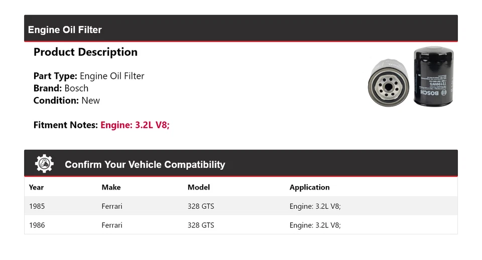 Filtro de aceite de motor Bosch V8 3,2 L para Ferrari 328 GTS 1985-1986 Foto 2 de 3