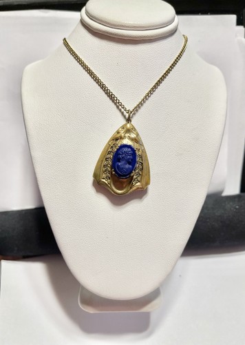 Art Nouveau Navy Blue Art Glass Cameo Fan Shaped Open Back Brass Locket Pendant - 第 6/11 張圖片