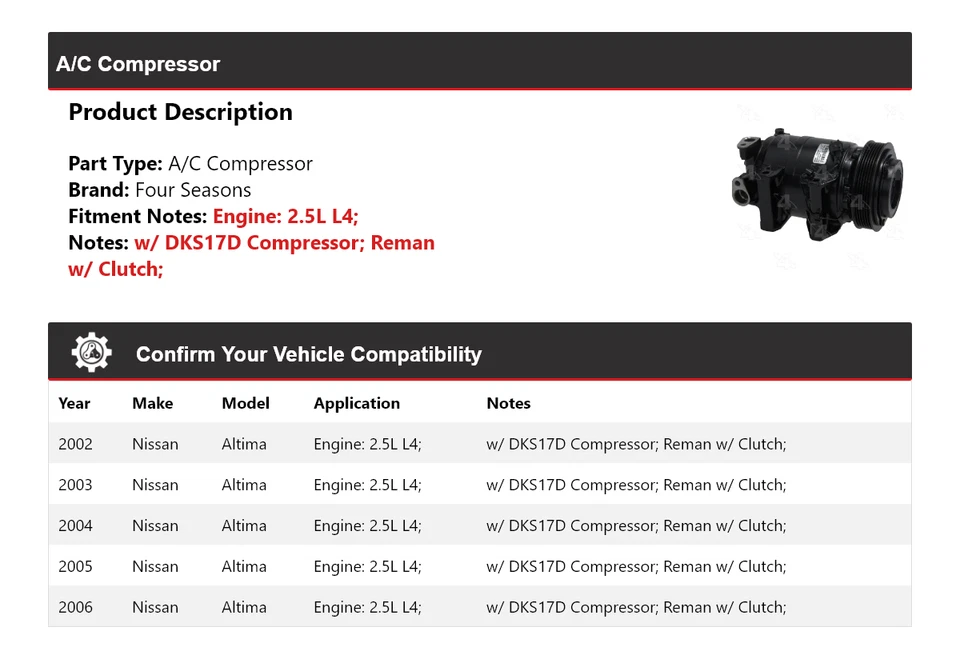For 2002-2006 Nissan Altima 2.5L L4 A/C Compressor 4 Seasons 2003 2004 2005 - Image 2 of 4