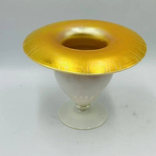 Vtg To Antique Steuben Glass Carnival Stretch GOLD Aurene ROLLED RIM  Vase