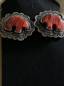 Vintage Sterling Silver Red Coral Bear Fetish Clip Back Earrings Signed  Francis