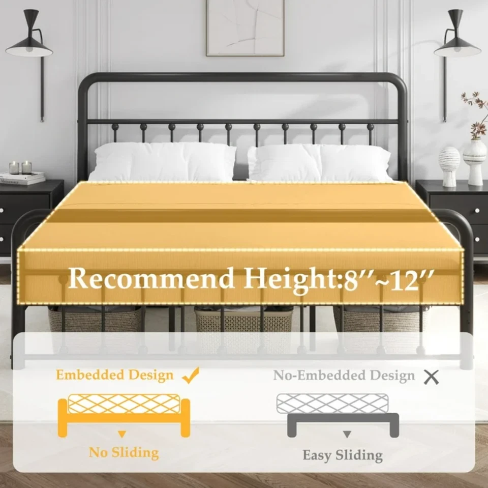 King Size Metal Headboard Footboard USB Port & LED Bed Antique Black Finish - Image 4 of 4