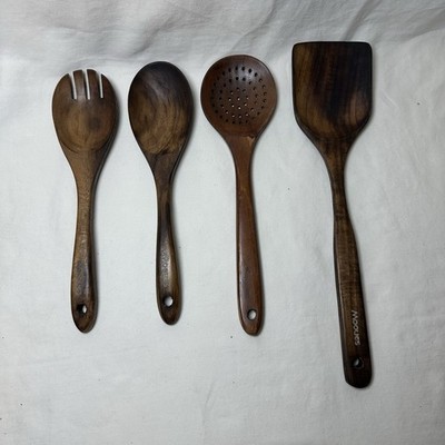 Mooues Natural Teak Wooden Kitchen Utensils salad fork, Slotted Serving, Spatula