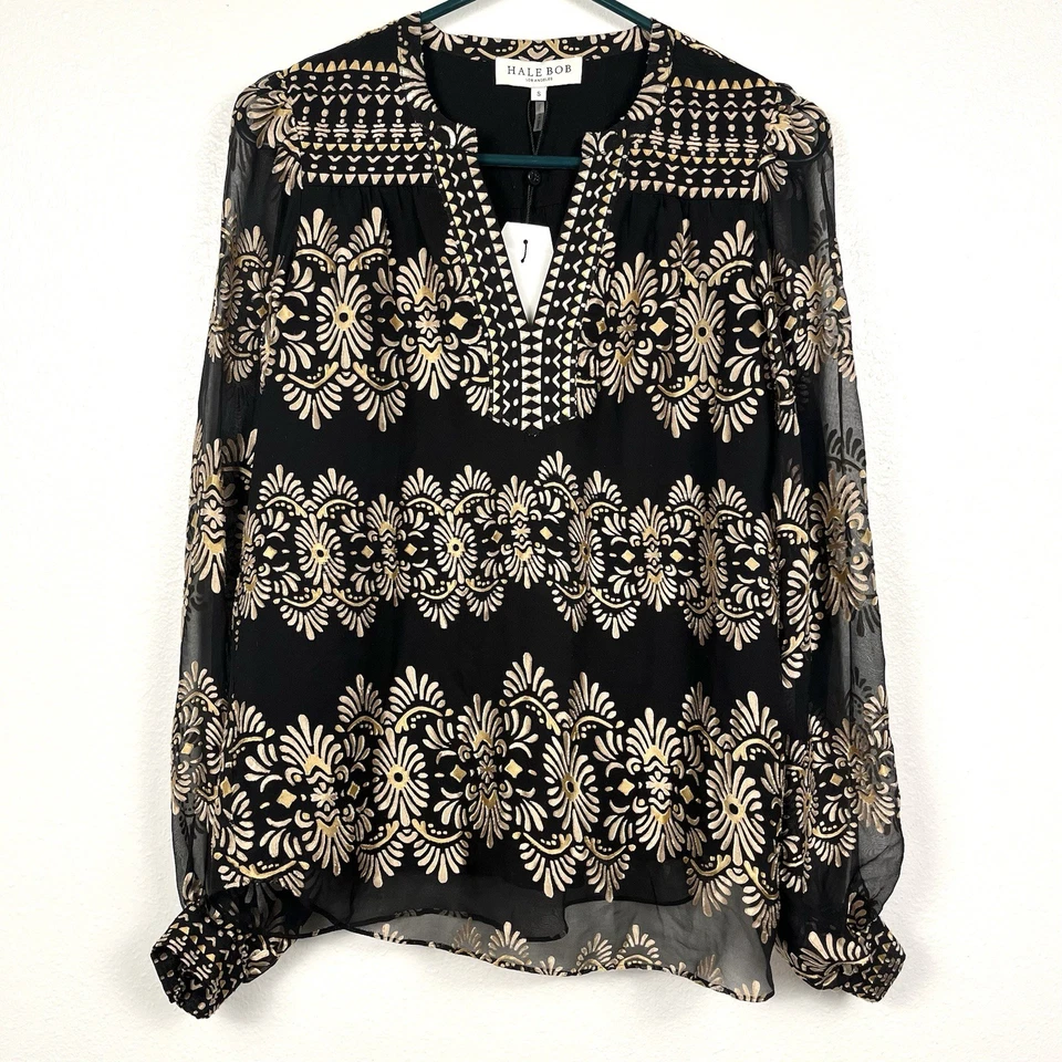 Nuevo con etiquetas Blusa Top Hale Bob Pequeña Lexie Negra Dorada Terciopelo Seda Burnout Manga Larga Foto 2 de 4