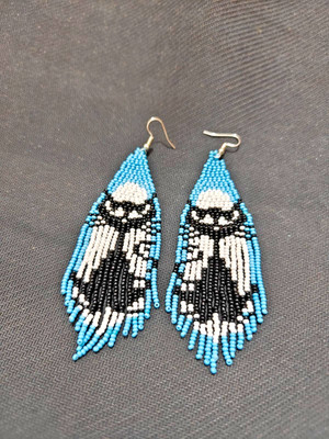 Cat Face Handmade Seed Bead Fringe Earrings - Long Tassel Beaded Earring