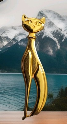 Tall Slinky cat gold Plated Sterling Silver vermeil  brooch pin Sekhmet, Bastet 
