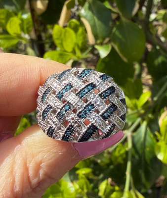 J.STELLA BLAUE DIAMANTEN BASKETWEAVE DESIGN KUPPEL BREITER BANDRING 925 STERLING SLVR