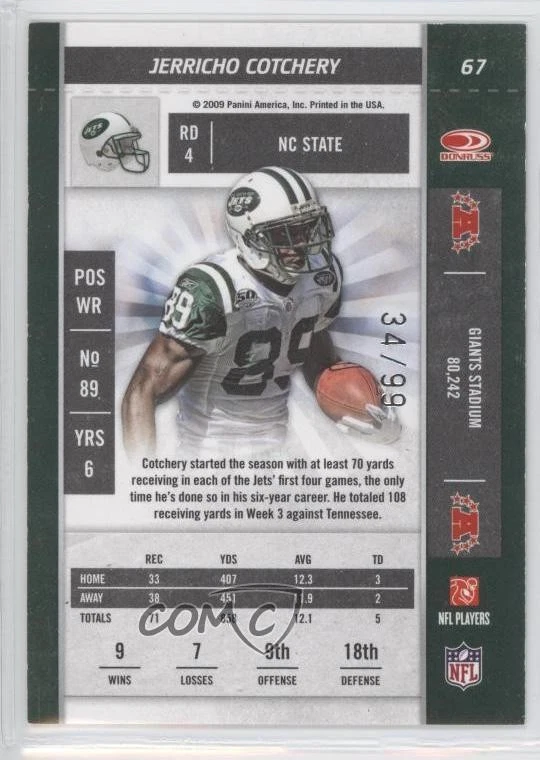 2009 Playoff Contenders Playoff Ticket /99 Jerricho Cotchery #67 - Image 2 of 2