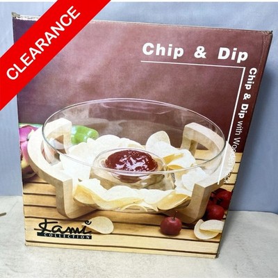 Chip & Dip Set Clear Glass Bowl & Wooden Rack Holder - Chips Salsa