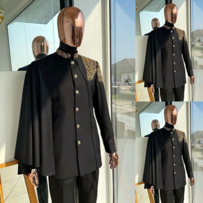 African Black Men's Suits with Cape Gold Beading Standing Collar Prom Tuxedos