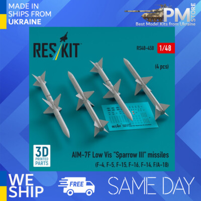 Reskit RS48-0458 1/48 AIM-7F Low Vis ''Sparrow III'' missiles 4pcs F-4, F-5, F-15