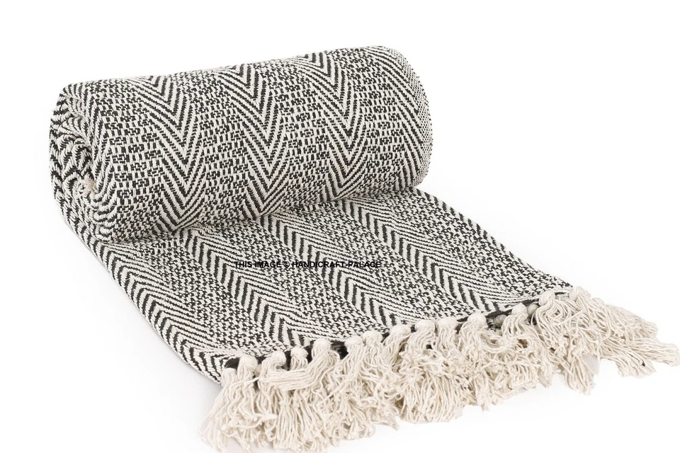 Blanket Throw Rug Indian Cotton Bed Large White Blue Herringbone Sofa Chair 60" - Image 2 of 3