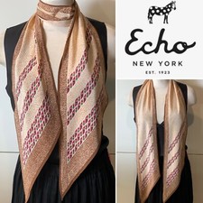 ECHO Silk Crepe de Chine Mocca  Peach Combo Flowers SCARF 18x174cm - Excellent