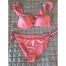 Pink Ruffle Bikini Set Padded Top Side Tie Bottoms Two Piece Swimsuit Women