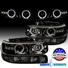 Fits 1999-2002 Silverado LED Halo Projector Headlights Smoke+Bumper Lamps Smoke