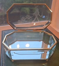 VTG Handcrafted Etched Clear Glass Lidded Hinged Trinket Jewelry Box Gold Mirror