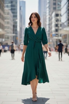 Grace Karin Bow-Knot Wrap Hem V-Neck 3/4Sleeve Midi Dress Dark Green Large NWOT