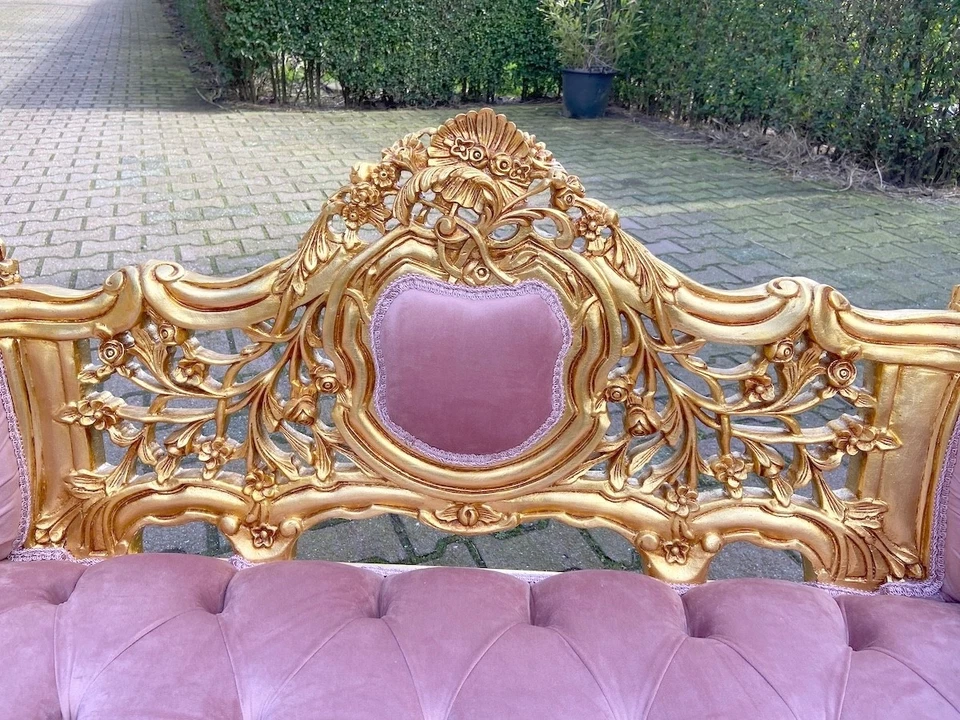 Sofá - Sofá antiguo francés Luis XVI en terciopelo rubor con marco de haya dorado Foto 4 de 4