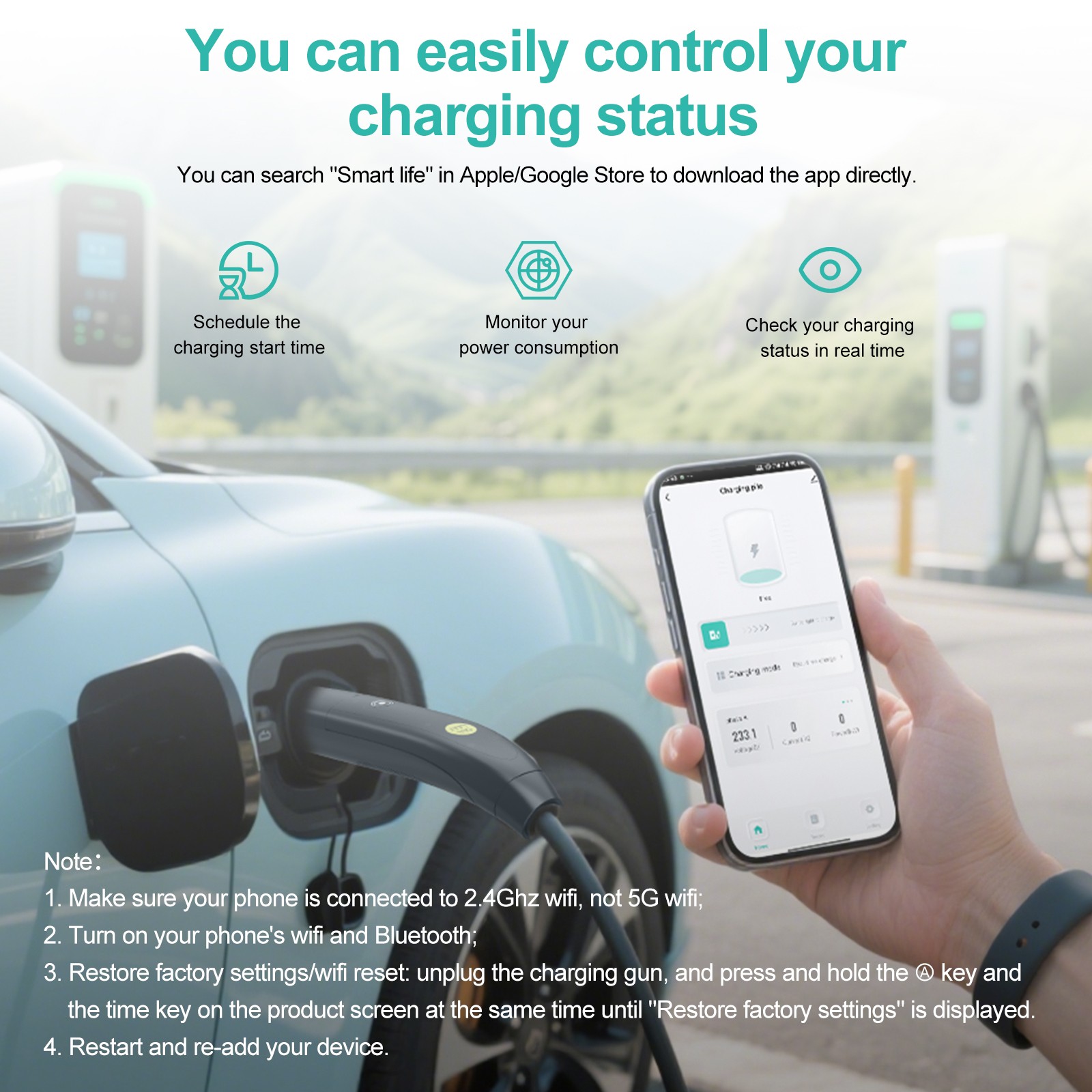 9.6kw Level 2 EV Charger 40 Amp - Smart Display,  25ft Cable Outdoor，with app