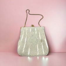 Vintage Ivory Cream Seed Bead Evening Clutch Purse With Chain