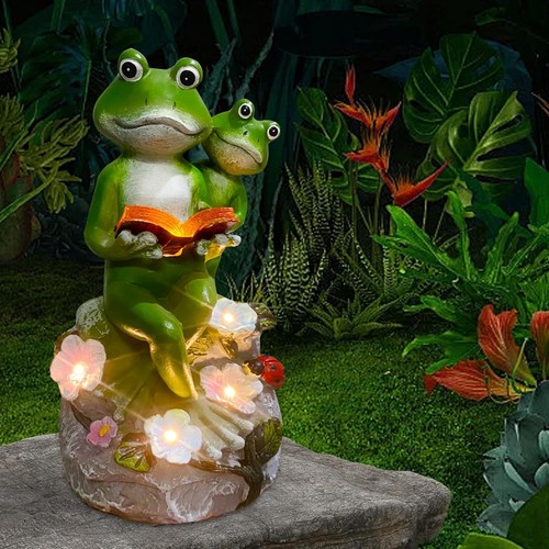 Frog Garden Statue, Cute Reading Statue,Solar Statues with Green