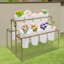 Flower Display Stand W/ 12 buckets Gold Shelf  White Round Bucket 2 Tier
