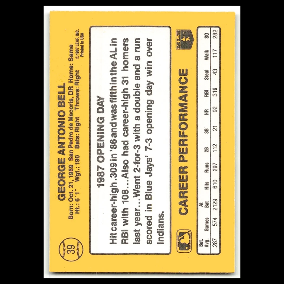 George Bell #39 1987 Donruss Opening Day Toronto Blue Jays Baseball Card MLB NM - Image 2 of 3