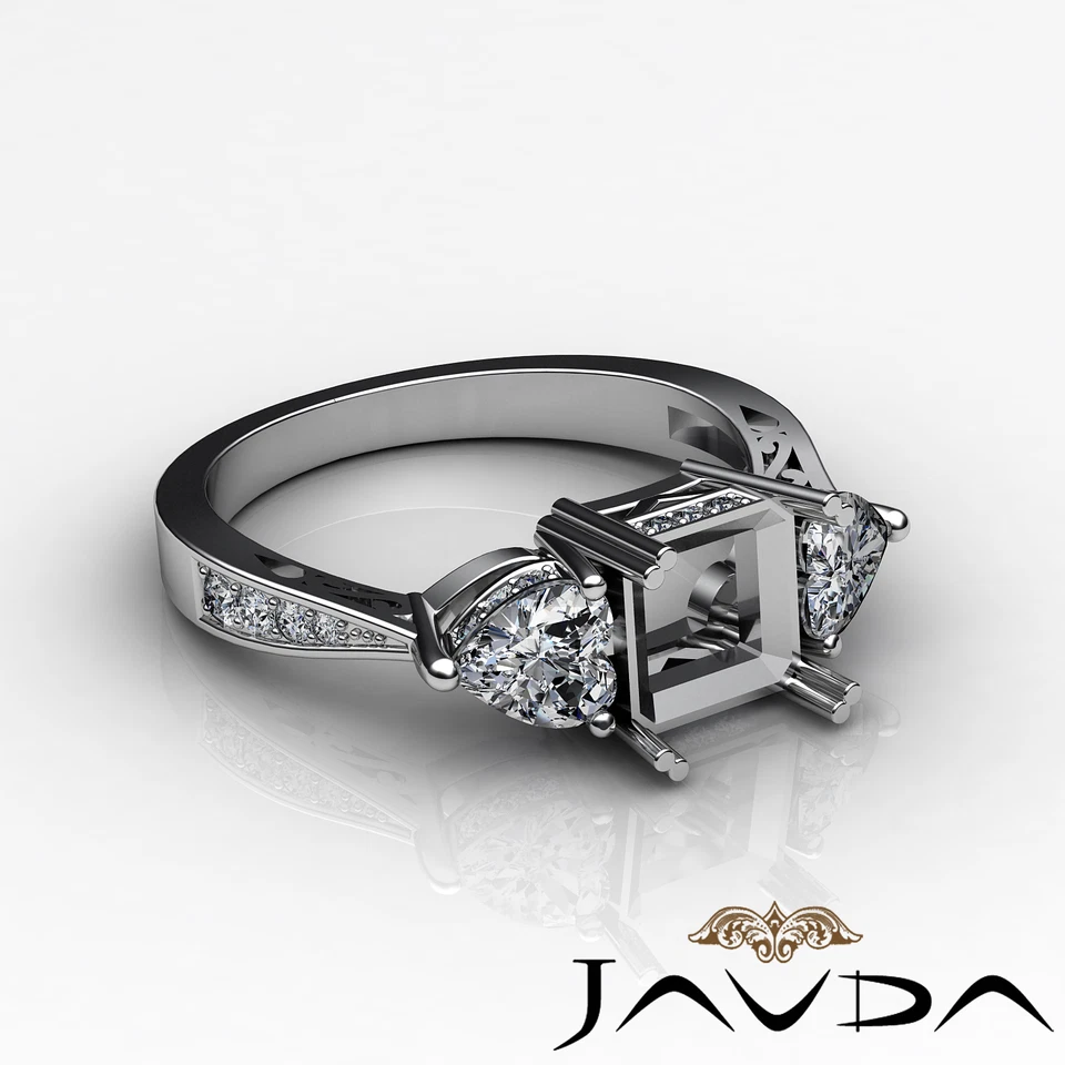 3 Stone Diamond Wedding Filigree Ring Princess Semi Mount 18k White Gold 0.82Ct - Image 3 of 4